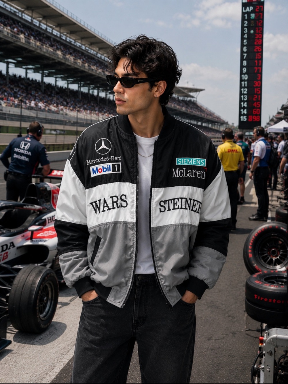 Vintage Mercedes Benz Racing Jacket XL Black White Motorsport F1 Style
